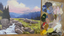 a painting of a waterfall and a palette of paints made in animatica