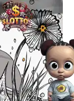 a baby doll is standing in front of a drawing of a flower with the words lotto memecoin written on it