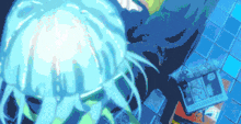 a pixel art drawing of a girl with a blue hair