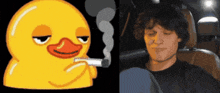 a picture of a duck smoking a cigarette next to a picture of a man in a car