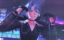 a cartoon character with blue hair and a black jacket