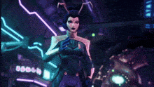a woman in a futuristic outfit is standing in front of a neon sign that says ' 00000 '