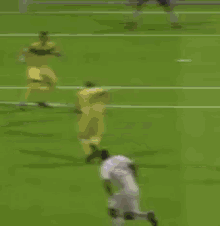 a soccer goalie is diving to catch a soccer ball