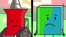 a red object with a sad face sits next to a green book with a sad face