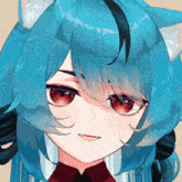 a close up of a blue haired anime girl with cat ears