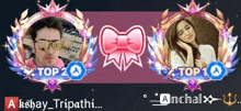 a man and a woman are standing next to each other in a picture frame with a bow .