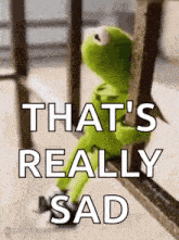 kermit the frog is sitting on a railing with the words `` that 's really sad '' written above him .