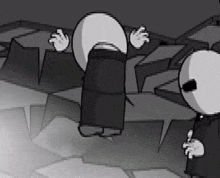 a black and white cartoon of two cartoon characters standing next to each other in a dark room .
