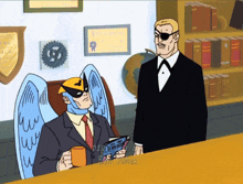 a cartoon of a man in a hawkman mask talking to a man in a suit