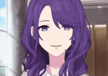 a close up of a person with purple hair and blue eyes .