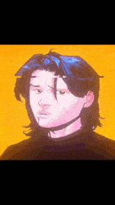 a drawing of a man with blue hair and a yellow background