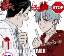 a stop sign is in the background of a picture of two men