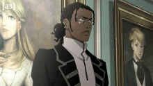 a man in a suit is standing in front of a painting that says [ as ] on the bottom