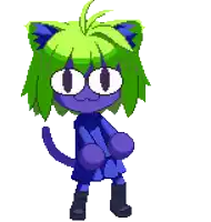 a pixel art drawing of a cat with green hair and blue eyes