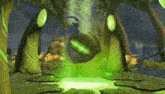 a video game scene with trees and a green glowing object .