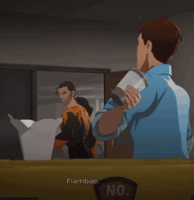 a cartoon of a man holding a cup that says flambae on it
