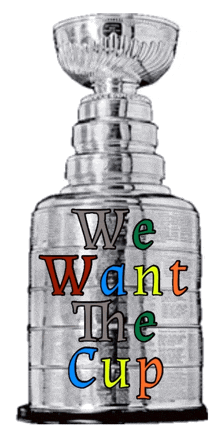 a hockey trophy with the words we want the cup written on it