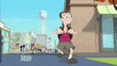 a cartoon character is walking down a street with a disney xd logo in the background