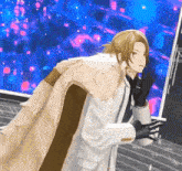 a man in a white suit and black gloves is standing in front of a screen .