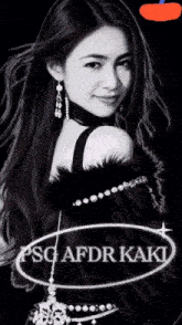 a black and white photo of a woman with the name fsc afdr kaki on the bottom