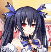 a girl with long black hair and red eyes is wearing a blue bow around her neck