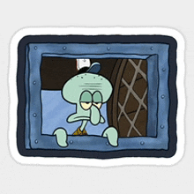 a sticker of squidward from spongebob squarepants looking out of a window