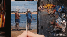 a painting of two people standing on a beach is made in animotica