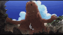 a cartoon drawing of a monster with a blue sky and clouds behind it