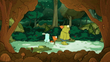a cartoon drawing of a rabbit and a frog in a forest