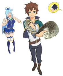 a cartoon of a man holding a bunch of money next to a girl