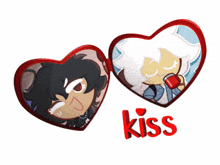 a couple of hearts with the word kiss below them