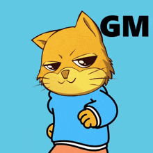 a cartoon cat wearing a blue sweater with the word gm behind it