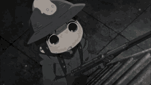 a cartoon character with a skull on her hat is holding a rifle