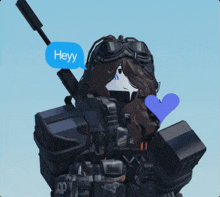 a robot with a speech bubble saying heyy
