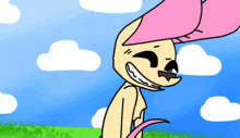 a cartoon character with a pink hat is smiling in a field
