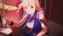 a girl in a blue dress is playing a drum set