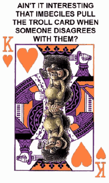 a king of hearts playing card with a troll on it 's face