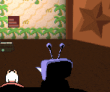 a pixel art drawing of a room with a star in the background
