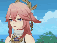 a girl with pink hair and purple eyes is wearing a white top
