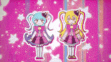two cartoon girls are standing next to each other on a pink background .