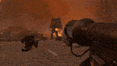 a video game scene with a large rock in the foreground and the sun in the background