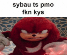 a close up of a stuffed animal with the words `` sybau ts pmo fkn kys '' written above it .