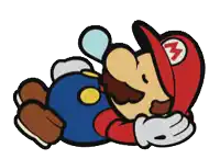 a cartoon drawing of mario laying down with a red hat with the letter m on it