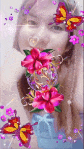 a woman is surrounded by flowers and butterflies