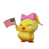 a cartoon chick with a pink bow on her head holds an american flag