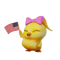 a cartoon chick with a pink bow on her head holds an american flag