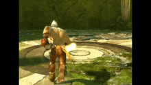 a video game character is standing in a circle with a light coming out of his hand .