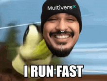 a man wearing a hat that says multivers on it is smiling and saying i run fast