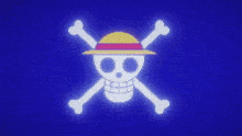 a skull and crossbones with a straw hat on a blue background