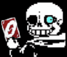 a pixel art of sans holding a uno card .